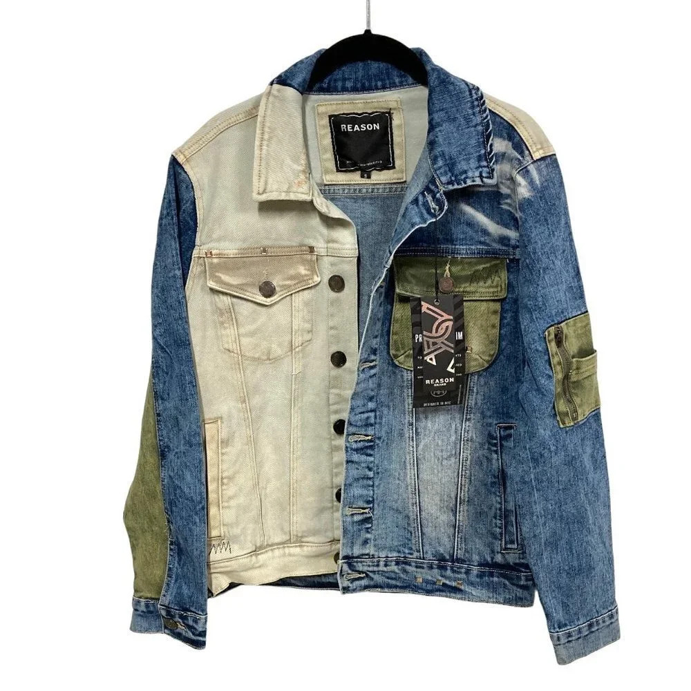 Reason Men's Graphic Color-Block Denim Jacket, Sz. Small, Streetwear, Studs, New